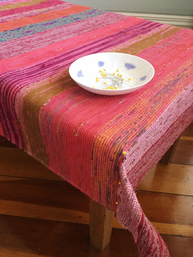 upholstering a coffee table with an recycled sari woven rug